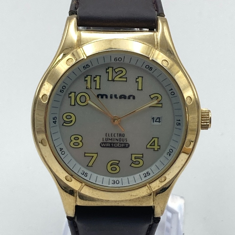 Milan Mens Watch 39mm Gold Tone Date BROKEN BACKLIGHT Brown Band New Battery